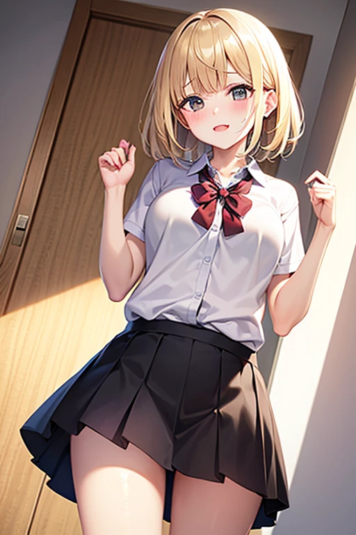 top-quality、masutepiece、1girl in、platinum-blonde、Bob Hair、Red ribbons、in one's underwear only、Pink lingerie、to close range、red blush、Kamimei、Staring at this、Cute anime illustration、tits out、lighting like a movie、top-quality、High school girl pulling her panties down to her thighs in a school classroom、Laugh、Nearly taking off your panties、ripped school uniform