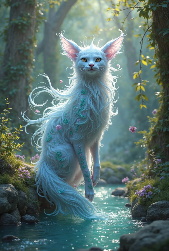 an exquisite mythical creature of the forest,Its skin is as clean as silk,It has a delicate pattern of spots and stripes,seems to sparkle in the night, 8K, Colored lights, vivid, Ultra Detailed, Surreal photography