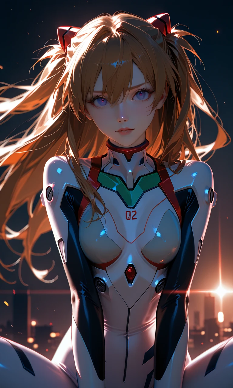 Beautiful and Breathtaking Illustrations, solo:2.0, from the front:1.21, beautiful Japanese women, dynamic pose, crouching, Put your hands on the ground , ((Evangelion)), (Soryu Asuka Langley), Put your hands on your hair, (Soryu Asuka Langley: Evangelion), (8k, top quality, masterpiece), (realistic, SUPER FINE CLEAR), Hang Your Bangs Long:1.5, realistic Light, long hair, skinny body, brown hair, dark purple eyes, long hair with cat ears, Soryu Asuka Langleyのプラグスーツ着用:1.6, cowboy shot, white pupils, ANATOMY ACCURATE RATIO, Tiny Head, flat chested:1.05, detailed depiction of skin, detailed clear eyes, erotic, Beautiful Lum, EvangelionのSoryu Asuka Langley, Cyberpunk cityscape with honeycomb pattern, the light shines on my face, Shines Like a Prism, stares at viewers, lens flare,