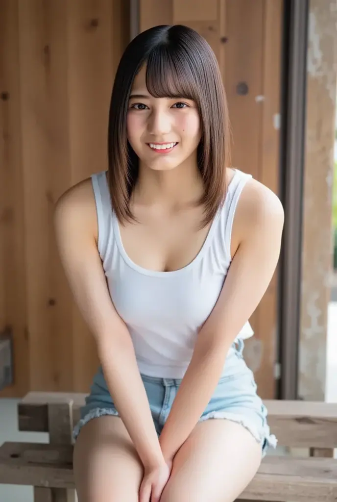 (highest quality,masterpiece:1.3,Ultra-high resolution),(Very detailed、Caustics) (Realistic:1.4, RAW shooting、)Ultra-Realistic Capture、Very detailed、Natural skin texture、masterpiece、(Japanese girl in sequin tank top and jeans skirt:1.3)、Adorable expression、Expressions of happiness、14 years old、height: 148cm、Young Face、Amazingly cute、Twin tail hairstyle、Straight hair、Scrunchie、necklace、Black Hair、light makeup、Slightly large chest、Shining thighs、Shining ass、Photo shoot in a private garden、Background details、smile、An inviting gaze、Anatomically correct、Cowboy Shot、Attention to detail、Sexy and cute pose