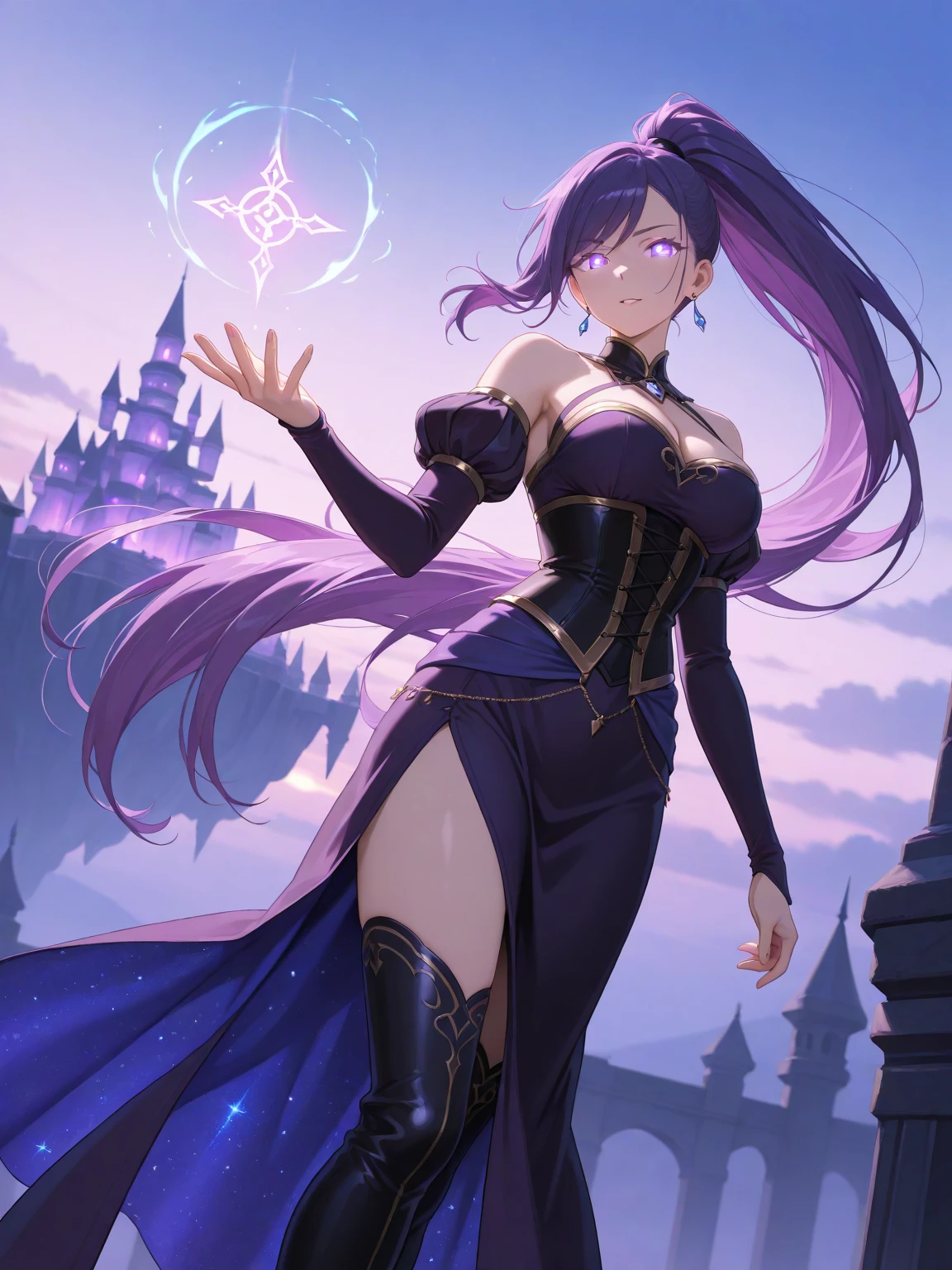 an elf mage, long purple hair, bangs covering one eye, large breasts, exposed thighs, hair between eyes, heroic posture, purple eyes, full body, dark blue and purple cloak, confident, fantasy, medieval, magic, night, lens reflection, glow