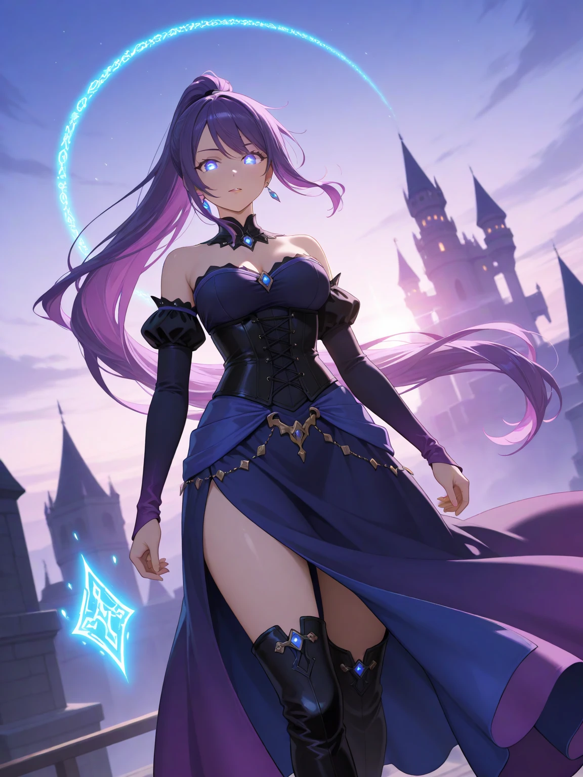 absurd res, high res, (masterpiece:1.4), ultra-detailed, 1girl, from below, space, floating, thigh length dress, purple dress, stockings, purple hair, yellow eyes, hands out of frame, Monolid eyes, epicanthal folds, slightly visible panties, purple underwear