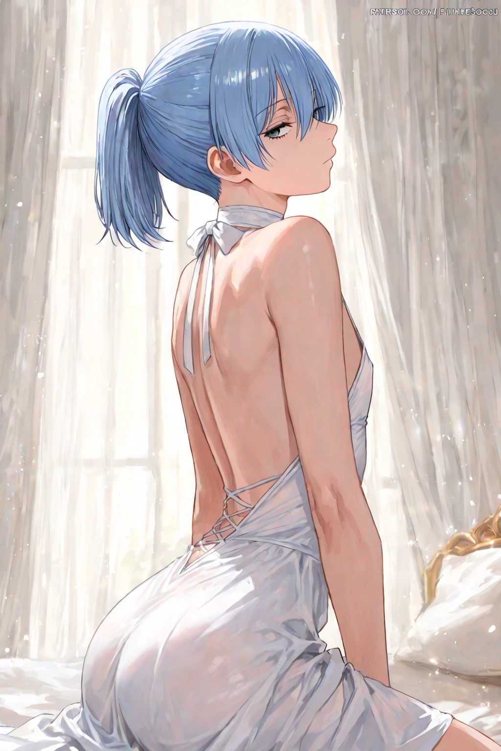 Masterpiece, best quality. (hyper-realistic:1.4) , (cowboy shot:1.5),
Rem from rezero, (remrin), cute, lustrous skin, enchanting gaze, blue hair, short hair, (hair over one eye:1.3), blue eyes, NSFW, (NAKED BREASTS:1.5), roswaal mansion maid uniform, black skirt, garter belt, intricate lace, apron, white thighhighs, looking at viewer, strongly ashamed, embarrased, blushing, epic, cinematic, dramatic, reflective, shining, purple glow, big breasts, cleavage, sexy, modeling pose, turned, (LIFTING_HER_SKIRT:1.5), (rear view, from behind, spread anus)
smooth perfect skin, smooth_skin
Beautiful、big breasts,
FULL BODY SHOT, ultra wide angle, textured skin, face detail, clean skin, perfect hands, perfect ???????, anatomically correct,
(Realistic bedroom background:1.2)