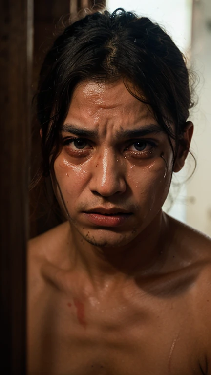 (masterpiece, 8k, highest quality, ultra detailed:1.37), (Nyla), 35 years old, (African man), (cosplaying as a slave from the last century: 1.4), very sad and scared, (crying: 1.3), bare chested, (with bruises and blood on his face: 1.3), candid photography, classy look, detailed skin texture, Photorealistic, mind blowing