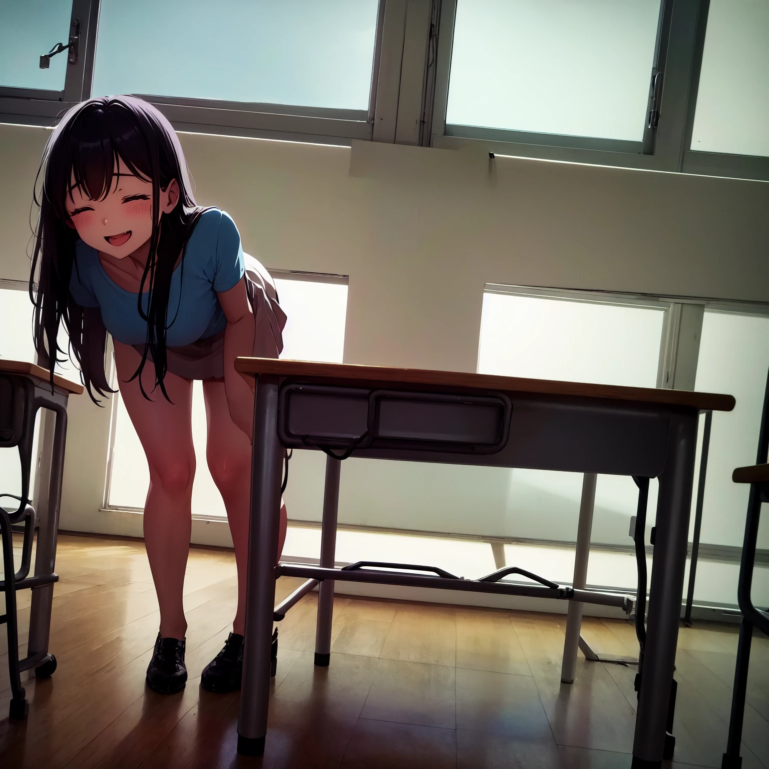 A female high school student,Bend over the toilet to drink,Many other classmates around were laughing at her