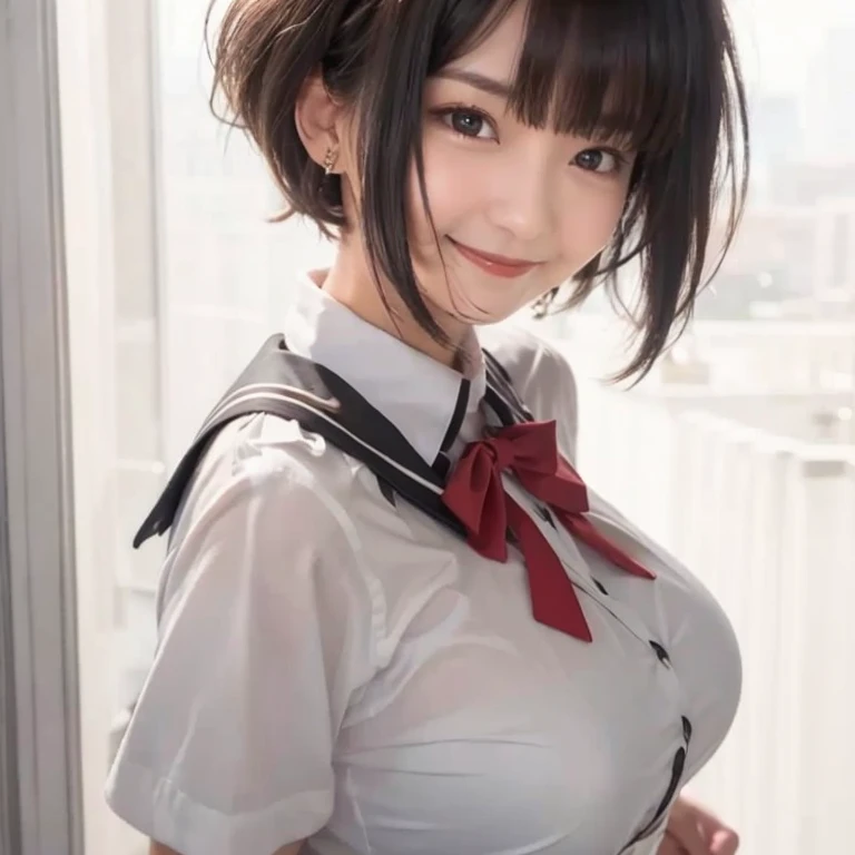 (1girl in), dark brown hair, Amazing face and eyes, Pink eyes, (High school uniform with wide open chest:1.1), Beautiful big breasts, Chest wide open, (amazingly beautiful girl), short-hair, (High School Uniform, Pleated mini-skirt:1.5), ((Best Quality)), (a beautiful slender girl), (extremely detailed CG unified 8k wallpaper), Highly detailed, High-definition raw color photos, Professional Photography,A gentle smile full of happiness、Expression in a state of excitement、Lacking、panting、Rejoice with tears、(((Transparent lace panties are visible:1.5)))、Jumping、Windy、the beach、Squat down with your crotch open