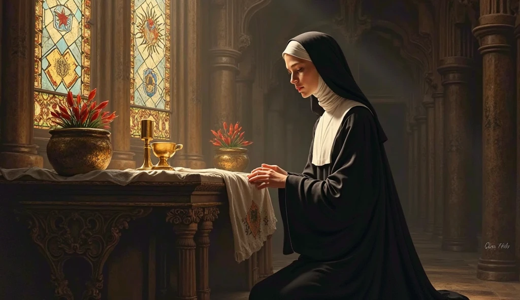 An award winning anime artwork, key visual, masterpiece, vibrant, studio anime, highly detailed illustration,
Bathed in the soft glow of a single candle, a nun bows her head in prayer within the hushed sanctuary of the church at night. Her once-youthful and beautiful face now bears the weight of sorrow, tears streaming down her cheeks. The flickering light emphasizes the depth of her sadness and the solace she finds in her faith. The image captures a poignant moment of vulnerability and introspection. Rendered in a painterly style, using muted tones and gentle brushstrokes to convey the solemnity and emotional depth of the scene.
<lora:lr_sld_ChestAdjustXL_v2:-10>, <lora:lr_ehc_DetailMasterXL_vB1:1>