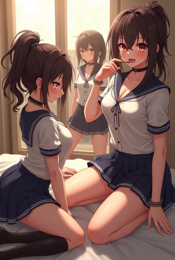 nswf:1.0,(masterpiece: 1.2, highest quality, masterpiece, Clearer images), (Bright colors), ((Take clear photos even from a distance)), (multiple girls), (Harem), (School classmates), (((All school uniforms have the same design))), (((Everyone is wearing the same navy blue skirt))), ((16 years old)), ((prostitution婦)), (prostitution宿, on the bed), (cute Japanese((6 girls))), ((group shot)), (group selfie), wide angle, soft light, ((((Clothes are in disarray)))), (((bad sleeping position)))、(slightly larger breasts), ((prostitution)), (lure), ((viewers love it)), (((sleeping, closed eyes))), (((show panty:1.6)))、((((M spread legs:1.4)))、((female masturbation:1.8))、((breast grab:1.3)),(((bra lift:1.2)))、stick out one&#39;s crotch、((put index finger on mouth))、(((lie on bed)))
