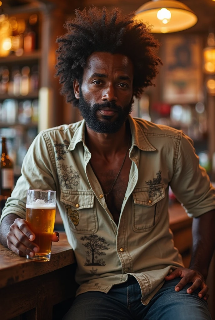 digital painting made with adobe photoshop of a man with brown skin, serrated beard, curly hair, sitting at a table in a bar, carioca rascal style, drinking beer, best quality, 8k,