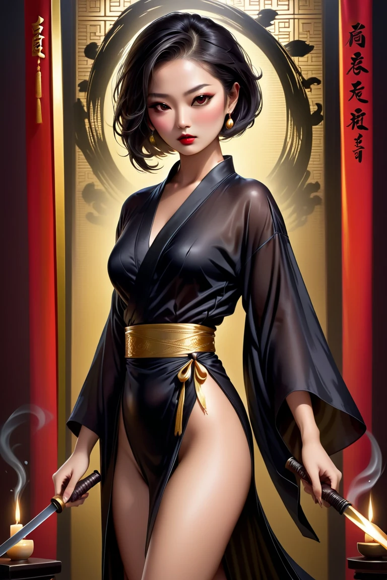 Umalinda warrior sexy, pretty face, Delicious Company, Alluring figure, Wearing a sexy open kimono. The artwork is created in a medium reminiscent of Japanese ink paintings....., 具有大胆的笔触和Monochromatic color palette. artist&#39;Masterful technique reveals the intensity and power of the image&#39;sense of presence，with the highest quality, Perfectly capture every detail with ultra-high resolution. Textures and intricate patterns on kimonos are rendered with extreme precision. Lighting is carefully designed，Enhance drama, Features deep shadows and subtle highlights. General, The artwork exudes elegance and power, Combining traditional Japanese aesthetics with a modern feel. Monochromatic color palette, Combine details, Create captivating and immersive experiences for your audience.