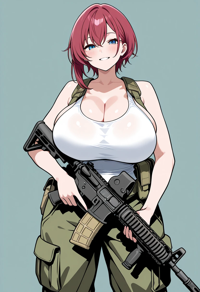 Slime girl, (slime), Slime hair Double buns hair style, Pumpkin Orange, weapon belt, Masterpiece, Best Quality, gigantic breasts, slime girl, slime girl, purple hair, lavender hair, yellow clothes, weapon belt around waistline, rifle, long rifle, AR-15 Rifle, assault rifle, exposed yellow bra, yellow clothing, wearing yellow clothing, fully body view