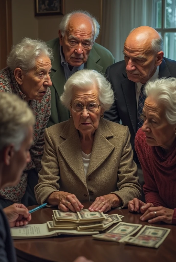 Realistic Image of Rich Old Lady in Mansion, ajudando pessoas pobres, with money in hand people around her, childrens