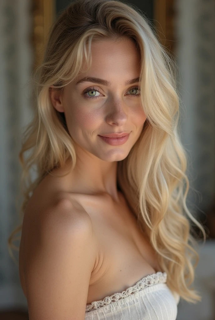 25 years old, blonde woman, ((supermodel face)) , perfect blue eyes, smile, dark background, naked, close up face and tits, busty, flat belly. non-shiny matte skin
