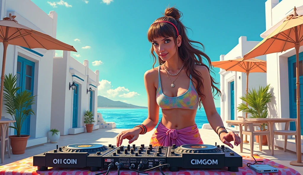 First-person view through the PIONEER XDJ-1000mk2 DJ console at a beach party on the seashore, part of the PIONEER XDJ-1000mk2 is visible in the foreground, in the background, young people in beachwear are dancing on the beach, in the background you can see the sea with the surf strip in the distance
