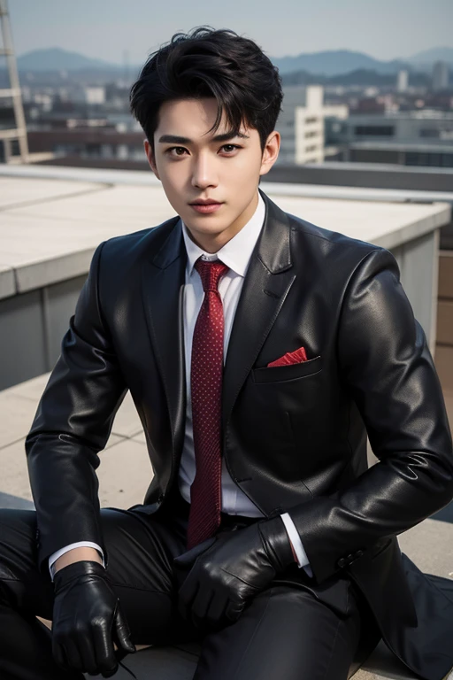 Asian male model on the street，and his wedding car，Cool red car，SLR in hand，Suit tie