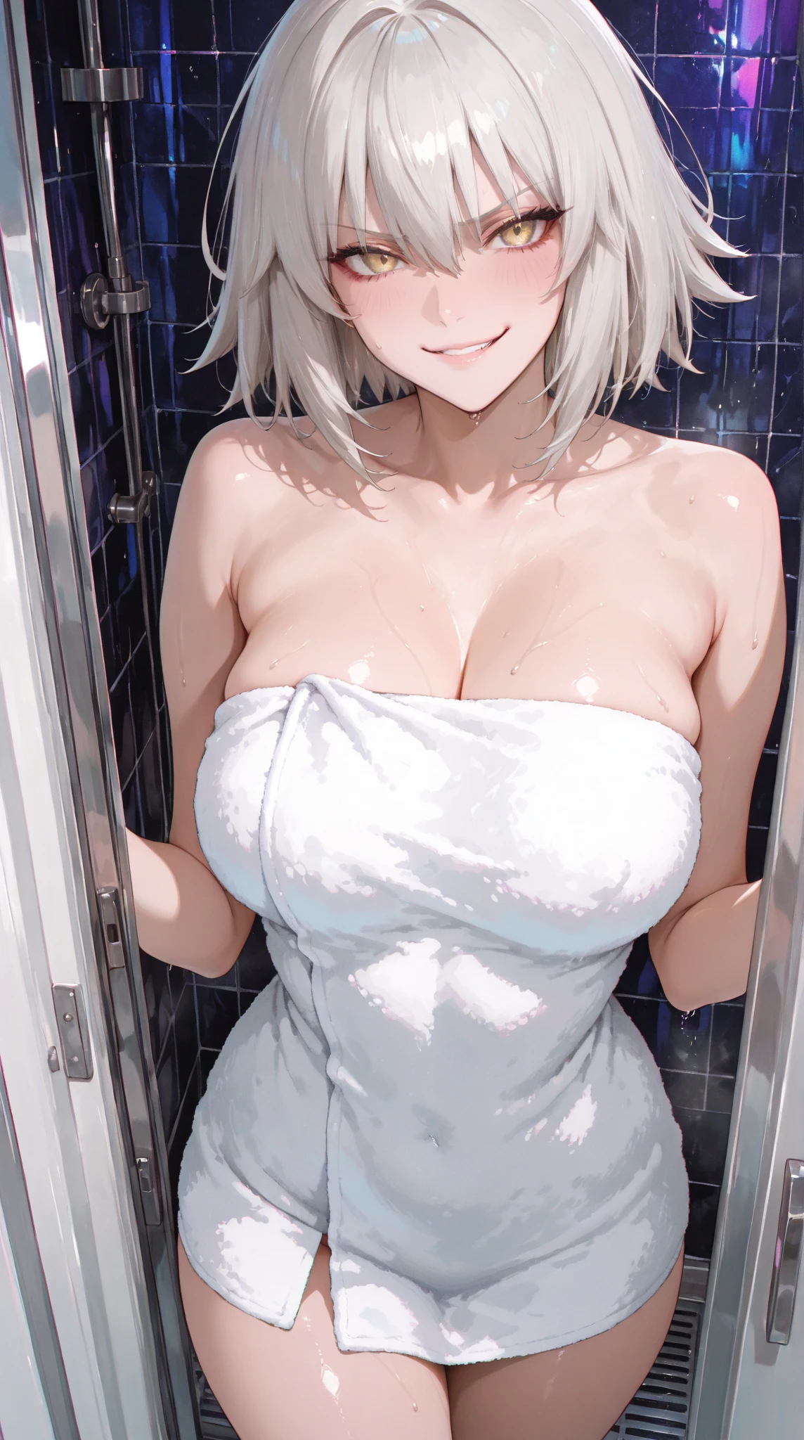 masterpiece, best quality, AliceKV4, 1girl, solo, looking at viewer, smile, parody, anime coloring, ((upper body)), big breasts, room, bed, indoors, nude, towel, bath, bathroom, navel, towel bath