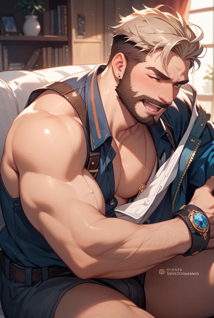 best quality, masterpiece, super high resolution, illustrations, single, 1 man, muscle, volumetric lighting, depth of field, facial hair, white clothes, black belt, light particles, bulge, bed, short hair, burly, lying, barefoot