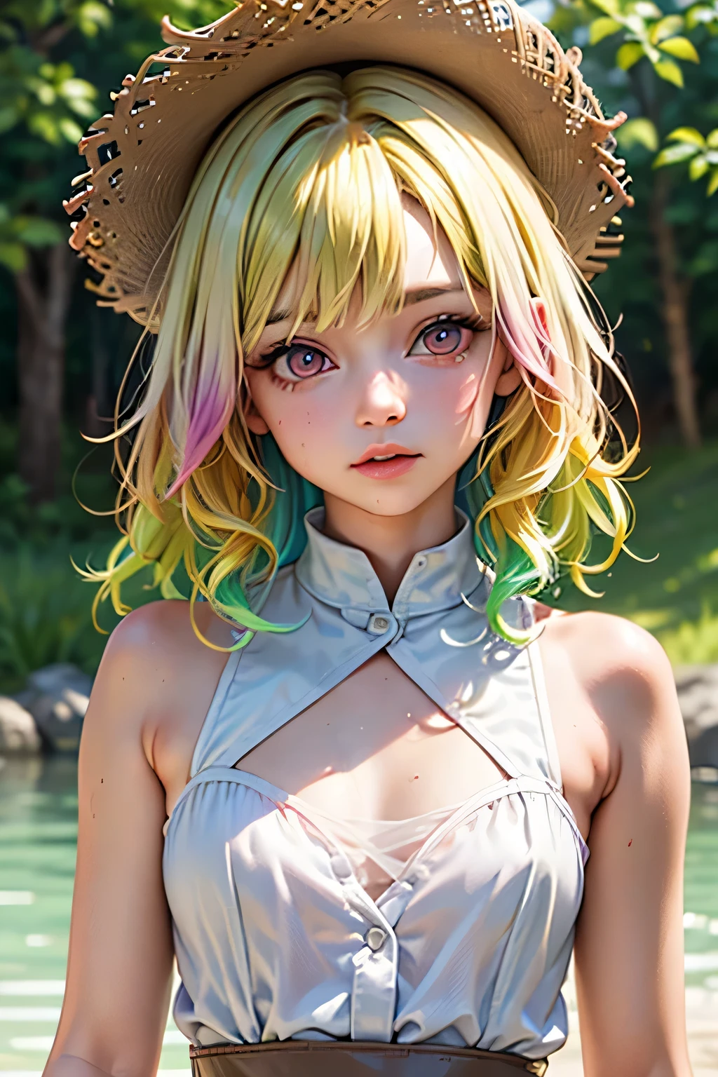 One woman, alone, alone Focus,全身Full Shot,Portraiture,, Beaver,Half water color, Half Green, ((Brown Hair)), (Yellow Hair), (Gradient Hair :1.5), Curly Hair, ((Pink Eyes)), Ultra-detailed eyes, work, White see-through, (Small TI quality, Very detailed,Full Shot
