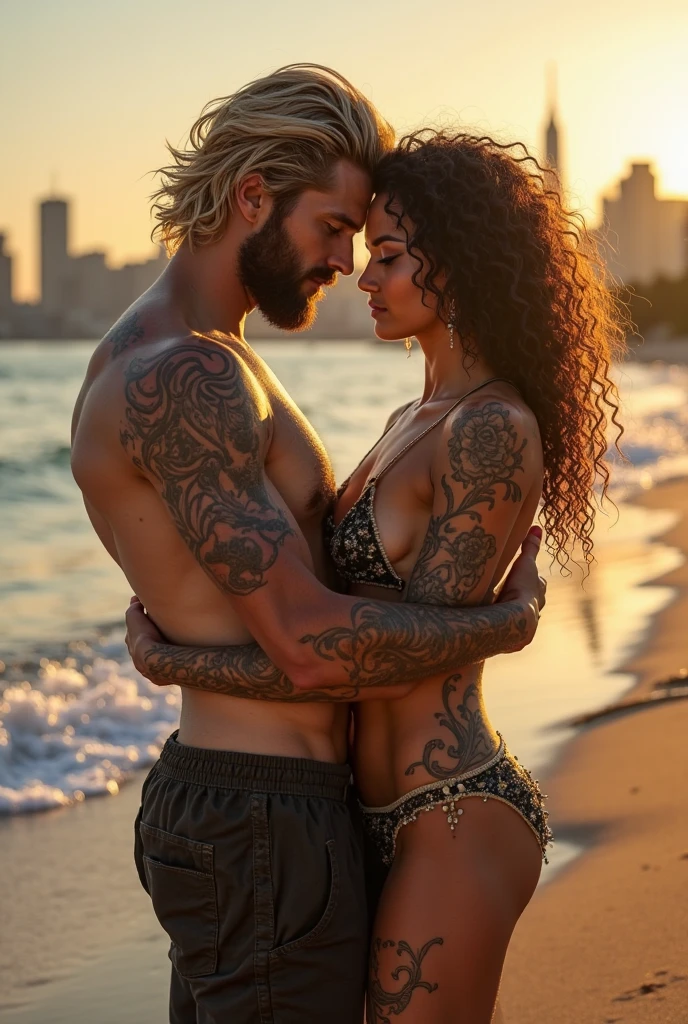 Scène océan mer vague couple vicking bisous homme barbe yeux bleus cheveux noir femme cheveux longs noir yeux noisette peau matt tatouage bikini paint