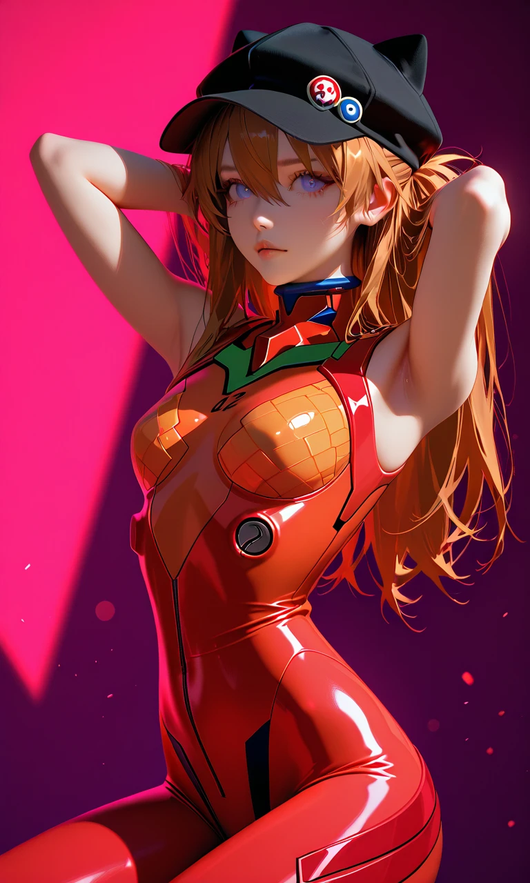 (top quality/最高masterpiece/high resolution)Beautiful Breathtaking Illustrations, solo:2.0, from the front:1.21, beautiful Japanese woman, dynamic pose, squatting, in serious hair put your hands on the ground , ((Evangelion)), (Soryu Asuka Langley), Put your hands on your hair, (Soryu Asuka Langley: Evangelion), (8k, top quality, masterpiece), (realistic, SUPER FINE CLEAR), Long bangs :1.5, realistic Light, long hair, skinny body, brown hair, dark purple eyes, long hair with cat ears, Soryu Asuka Langleyのプラグスーツ着用:1.6, Cowboy Shot, white eyes, Accurate Human Anatomical Ratio, Tiny Head, flat chest:1.05, Detailed depiction of skin, detailed clear eyes, erotic, Beautiful Lamb, EvangelionのSoryu Asuka Langley, Cyberpunk Cityscape with Honeycomb Patterns, light shining on my face, Shining like a prism, stare at viewers wearing tennis hats, lens flare,