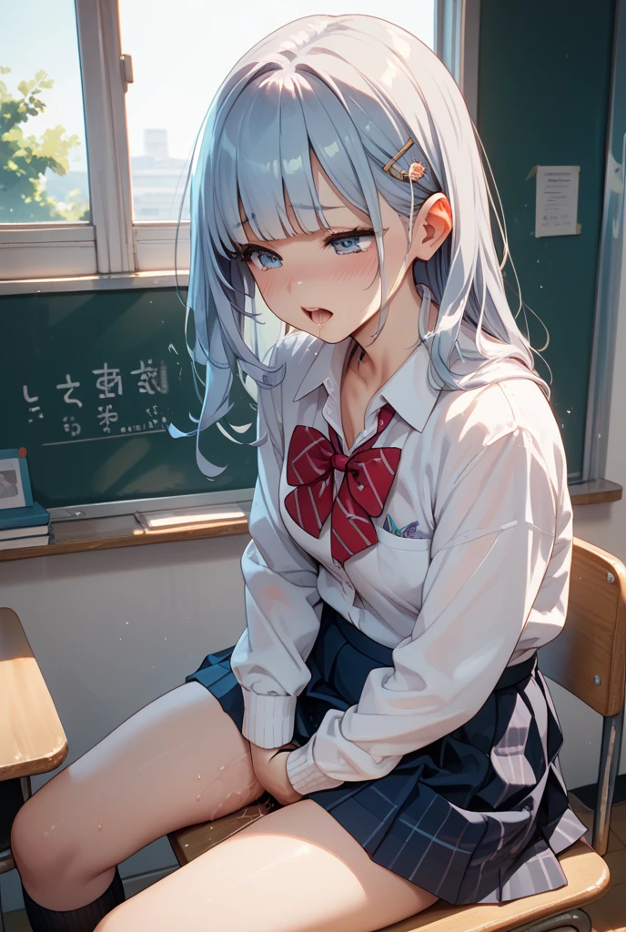 Best Quality,masutepiece,fullnude,look down on, Upper body,lightblue hair,Strands of hair,Fair skin,Classroom,tiny chest、Cardigan,Take off your uniform, Bow, Red bow, Long sleeves, Shirt, Collared shirt, White shirt, Skirt, Pleated skirt, Black skirt, tiny chest、looking at the viewers, BREAK (masutepiece:1.2), Best Quality, High resolution, Unity 8k壁纸, (Illustration:0.8), (Beautiful detailed eyes:1.6), extra detailed face, Perfect Lighting, extremely details CG, (Perfect hands, Perfect Anatomy),A smile、(Skirt lift:1.3), (white panties:1.3)、(Skirt that rolls up:1.3)、(Fully exposed panties:1.5)