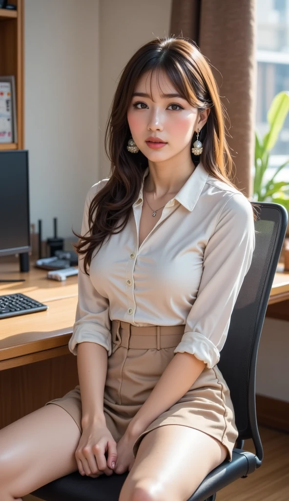 - [ ] Photorealistic:1.37, Masterpiece, Best quality, RAW photo, absurderes, hyper HD, 1girll, Wavy hair, Brown hair, Seductive , view the viewer, In a large conference room in the office of the Tokyo Tower office building ,Tokyo Tower,intricately details, Detailed background, Detailed skin, pores, A high resolution, hdr , Introduced to ten people , Beautiful model, Soft light hits the face,jpn_Models,Open white shirt uniform , middlebreast, A 30-year-old woman sits on a table with her legs open , Shorts or underwear are not allowed, with no underpants, Pubic hair is clearly visible,  Fundo,