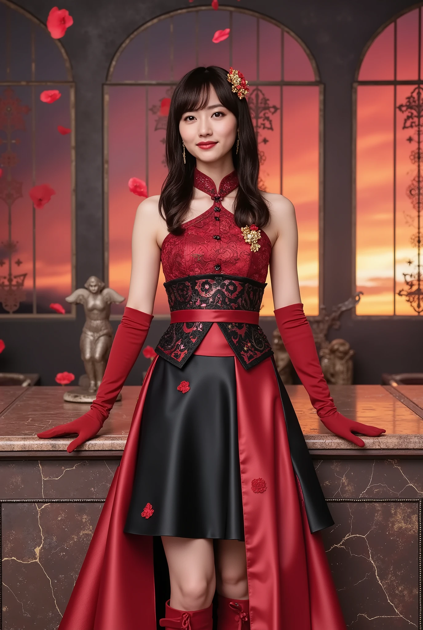 A hyper-realistic portrait of a stunningly beautiful Japanese idol girl with a slender figure and semi-long wavy black hair with crimson highlights, styled in a half-up hairdo adorned with a burning-feather shaped pin and a crimson rose hairpiece. She wears a two-toned crimson and jet-black costume that shimmers like blood under the light. Her halter-neck top is inspired by traditional Chinese collars and features golden embroidery of a blazing flame emblem on the chest. One sleeve is a long lace glove covering her arm, while the other is a short, flame-cut red fabric dancing in the wind. Her asymmetrical skirt is short in front and long in the back, flowing like fire with a red gradient on a black base, and its hem appears to be burning. One leg is wrapped in crimson ribbon up to the calf, while the other wears a black knee-high sock embroidered with glowing spark-like patterns. Her boots are red, high-heeled, and adorned with small fluttering flame-shaped wings on the heels. Her earrings and ear cuffs are shaped like delicate fire motifs, sparkling like embers. Her makeup includes red-to-orange gradient eyeshadow, a thin golden line on the lower eyelid, and glossy crimson lips. The background shows a scorched marble stage under a dramatic twilight sky of burning red and gold. Ashen rose petals drift down from the sky, while the floor is cracked and charred, with glowing red roses blooming from ancient seal patterns. Surrounding her are rusted iron arches, shattered stained glass, and crumbling angel statues, creating a mystical, tragic, and beautiful stage.