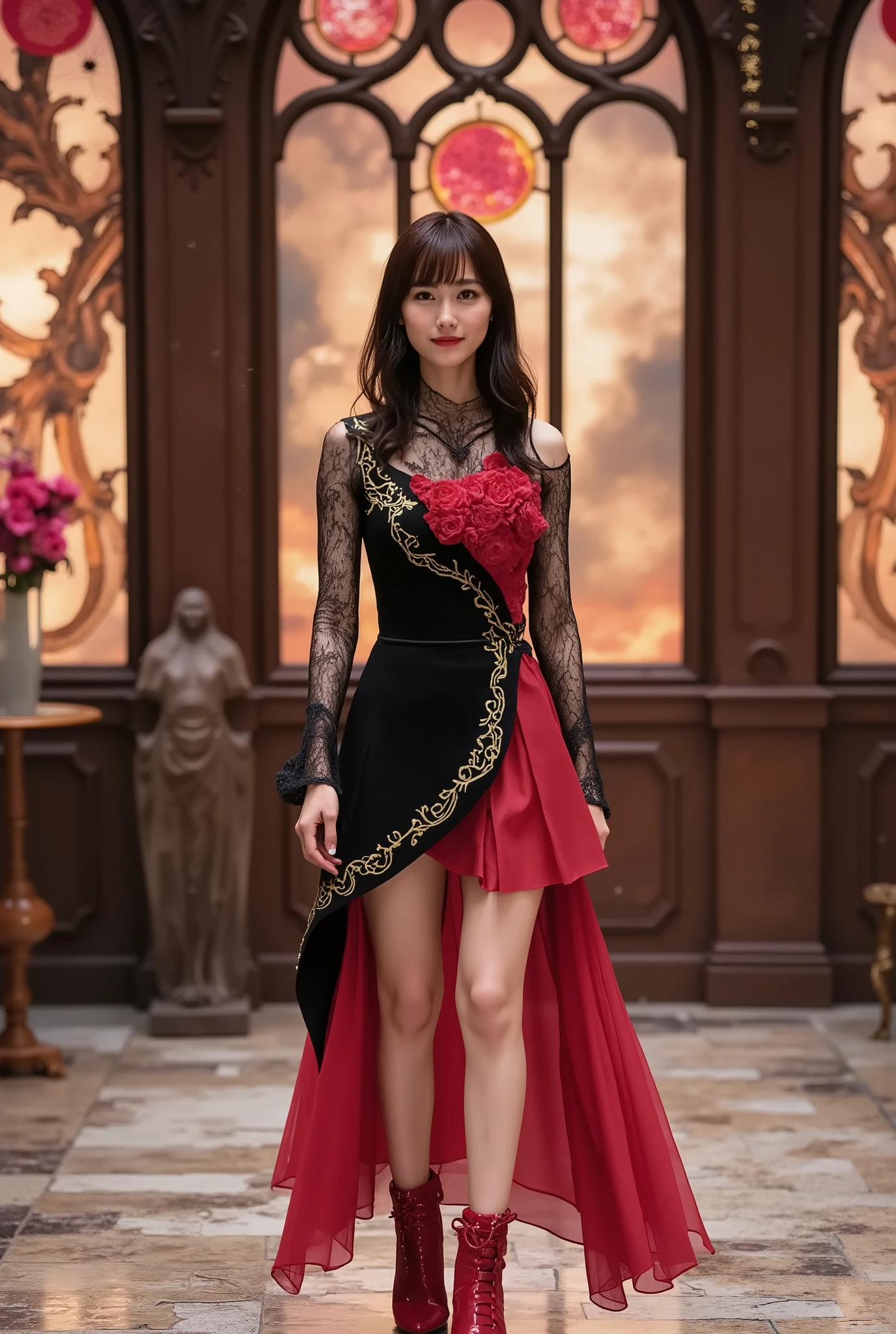 A hyper-realistic portrait of a stunningly beautiful Japanese idol girl with a slender figure and semi-long wavy black hair with crimson highlights, styled in a half-up hairdo adorned with a burning-feather shaped pin and a crimson rose hairpiece. She wears a two-toned crimson and jet-black costume that shimmers like blood under the light. Her halter-neck top is inspired by traditional Chinese collars and features golden embroidery of a blazing flame emblem on the chest. One sleeve is a long lace glove covering her arm, while the other is a short, flame-cut red fabric dancing in the wind. Her asymmetrical skirt is short in front and long in the back, flowing like fire with a red gradient on a black base, and its hem appears to be burning. One leg is wrapped in crimson ribbon up to the calf, while the other wears a black knee-high sock embroidered with glowing spark-like patterns. Her boots are red, high-heeled, and adorned with small fluttering flame-shaped wings on the heels. Her earrings and ear cuffs are shaped like delicate fire motifs, sparkling like embers. Her makeup includes red-to-orange gradient eyeshadow, a thin golden line on the lower eyelid, and glossy crimson lips. The background shows a scorched marble stage under a dramatic twilight sky of burning red and gold. Ashen rose petals drift down from the sky, while the floor is cracked and charred, with glowing red roses blooming from ancient seal patterns. Surrounding her are rusted iron arches, shattered stained glass, and crumbling angel statues, creating a mystical, tragic, and beautiful stage.