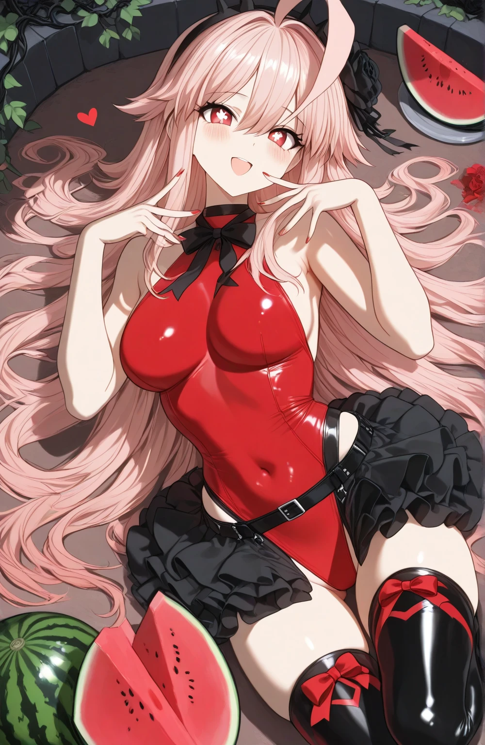 anime girl with blonde hair and a red bra top, gapmoe yandere, seductive anime girl, yandere, gapmoe yandere grimdark, ahegao, bikini. background of hell. gore, demon anime girl, power chainsawman , top rated on pixiv, anime monster girl, [[[[grinning evily]]]]