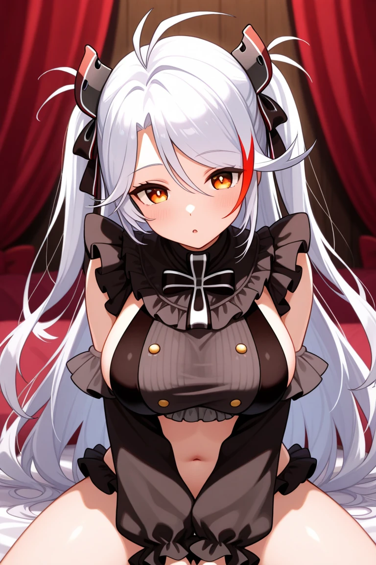 Lucy Pyre Demon Spawn, 1girl, solo, long hair, looking at viewer, blush, open mouth, hair ornament, red eyes, dress, cleavage, medium breasts, white hair, frills, horns, blunt bangs, apron, black dress, two side up, maid, maid headdress, <lora:LucyPyreXL:1>
