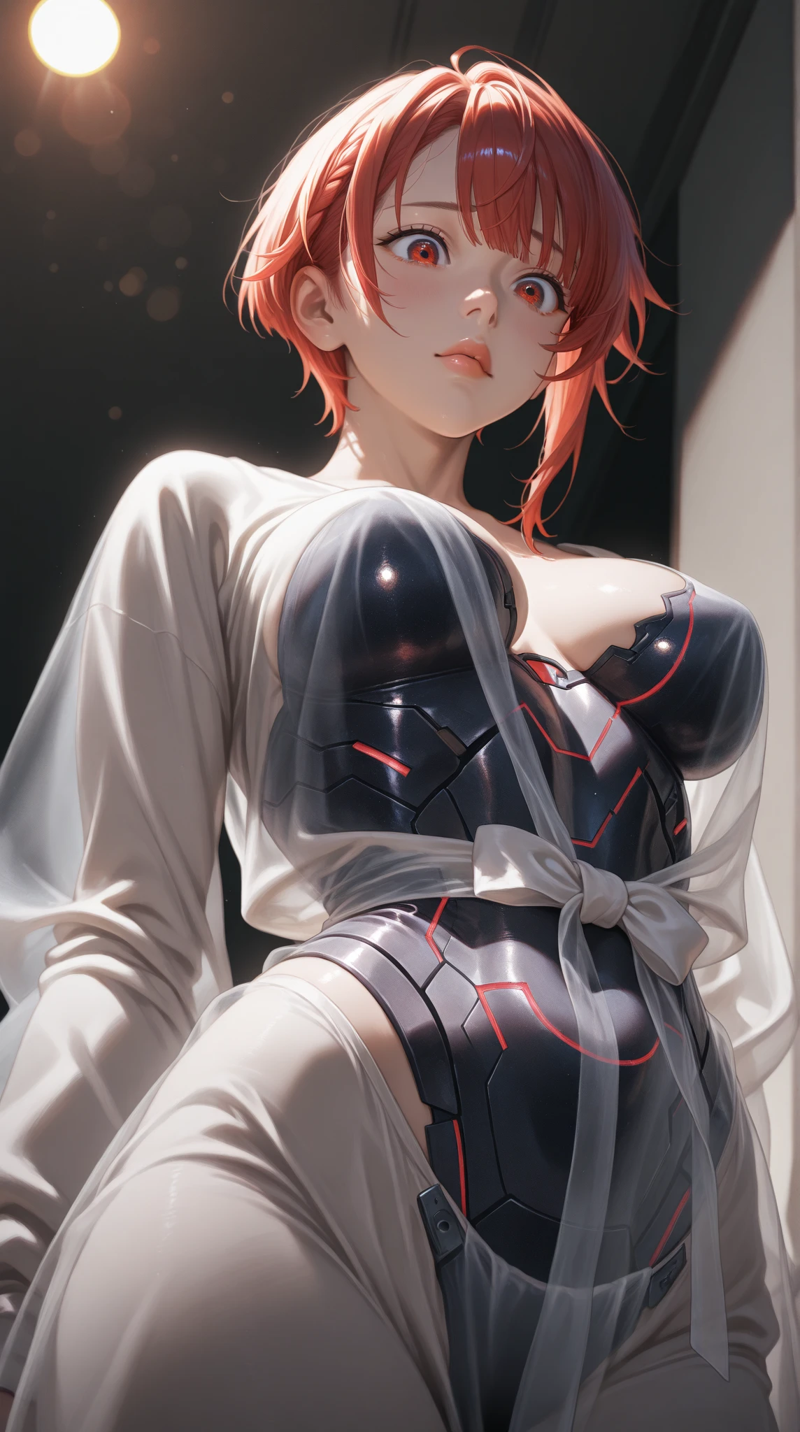 (RAW Photo, Best Quality), (Realistic, Photo Realistic: 1.3), Best Quality, Highly Detailed, Masterpiece, Hyperdetail, Illustration, 1 Girl, upper_body, Dynamic Angle, World Masterpiece Theater, Ore no Imoto ga konna ni kawaii wake ga nai, 25-yers-old girl with crimson red hair- pulled up into twin ponytails, wearing a latex mini dress with the city lights in the background sexy pose, standing, hands on hips, Best Quality, Extremely Detailed CG Unified 8k Wallpaper, Ink, Amazing, Cinematic Lighting, lens flare, sexy pose, (cocoon:1.3)