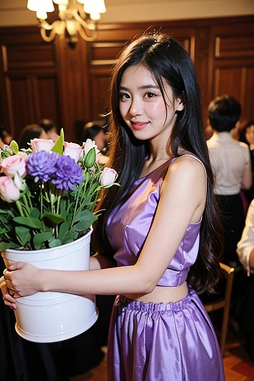 Korean girl with average chest, long black hair, and brown eyes. She is standing with a large bouquet of purple peonies and lavender in her hands. She is wearing a beautiful turquoise and gold shiny dress. Her hair is slightly curly and pulled back into a high ponytail. She is standing in an apartment with red curtains. She's soft smiling