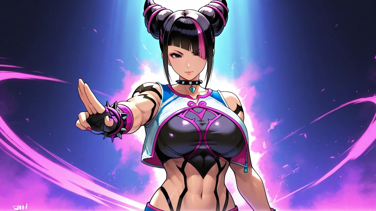 ((masterpiece、best qualified))、1girl in、独奏、ChunLi、fullbody image、Black latex leotard、Muscular legs、eyes glowing red、Evil look、Exposed shoulders、Wearing tights on the legs、Black boots、Chastity belt with heart design、Mechanical background、Machine Bound、headphones