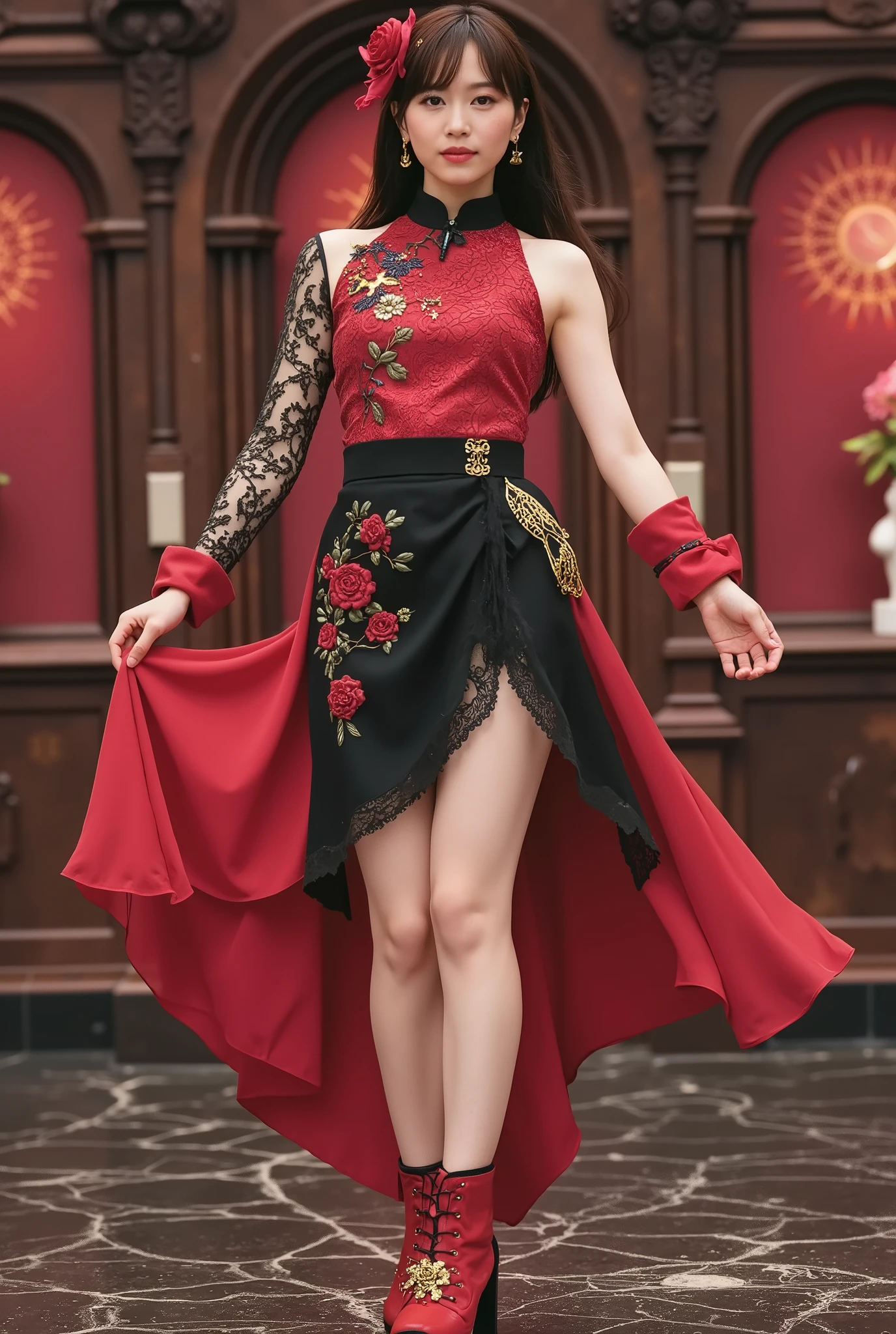 A hyper-realistic portrait of a stunningly beautiful Japanese idol girl with a slender figure and semi-long wavy black hair with crimson highlights, styled in a half-up hairdo adorned with a burning-feather shaped pin and a crimson rose hairpiece. She wears a two-toned crimson and jet-black costume that shimmers like blood under the light. Her halter-neck top is inspired by traditional Chinese collars and features golden embroidery of a blazing flame emblem on the chest. One sleeve is a long lace glove covering her arm, while the other is a short, flame-cut red fabric dancing in the wind. Her asymmetrical skirt is short in front and long in the back, flowing like fire with a red gradient on a black base, and its hem appears to be burning. One leg is wrapped in crimson ribbon up to the calf, while the other wears a black knee-high sock embroidered with glowing spark-like patterns. Her boots are red, high-heeled, and adorned with small fluttering flame-shaped wings on the heels. Her earrings and ear cuffs are shaped like delicate fire motifs, sparkling like embers. Her makeup includes red-to-orange gradient eyeshadow, a thin golden line on the lower eyelid, and glossy crimson lips. The background shows a scorched marble stage under a dramatic twilight sky of burning red and gold. Ashen rose petals drift down from the sky, while the floor is cracked and charred, with glowing red roses blooming from ancient seal patterns. Surrounding her are rusted iron arches, shattered stained glass, and crumbling angel statues, creating a mystical, tragic, and beautiful stage.