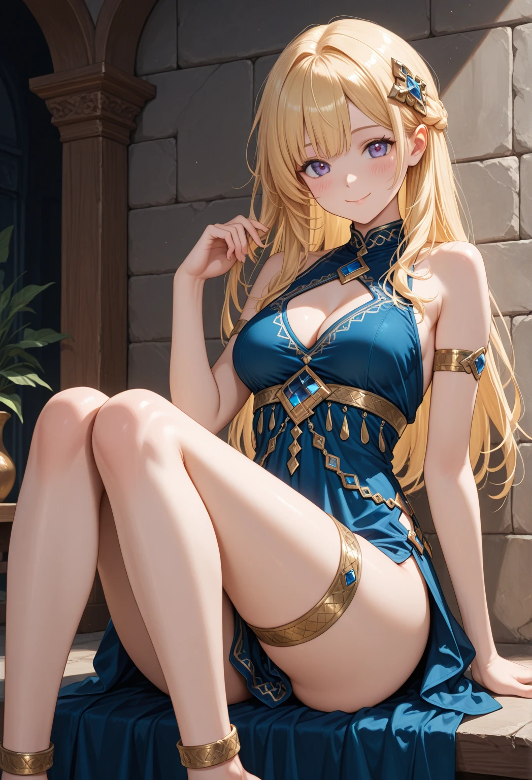 High resolution, Very detailed, perfect lighting, beautiful detailed eyes, ((masterpiece,Best Quality)), absurdities, alone, princess zelda, by the width, crown braid, Hair clip, pointy ears, slim fit shiny navy blue elegant evening dress, Gloves without fingers, black gloves, smile, curves, deep neckline, deep neckline, slim fit shiny navy blue elegant evening dress, Primer plano frontal,