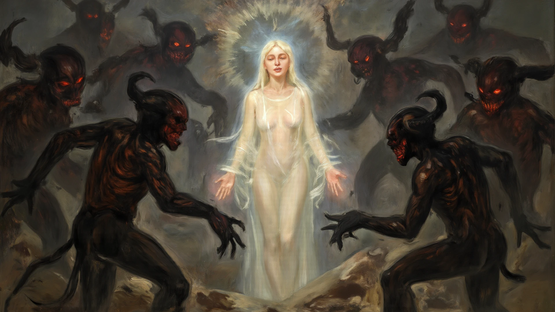 painting of a pulp horror, mausoleum, Viscera, woman monster, long white hair, sinister grin, glowing eyes, (demonic, infernal:1.25), (full body:1), Blunt Cut, horns, from the side, blindfold, dramatic lighting, (horrified, :1.2), queen, muscular, bondage, shackles, (Romanian, detailed skin:0.6), (in a (demonic:1.2) library:1.2), high saturation INFO , dark atmosphere, cinematic scene, volumetric lights, ultra realistic, in the style of nicola samori