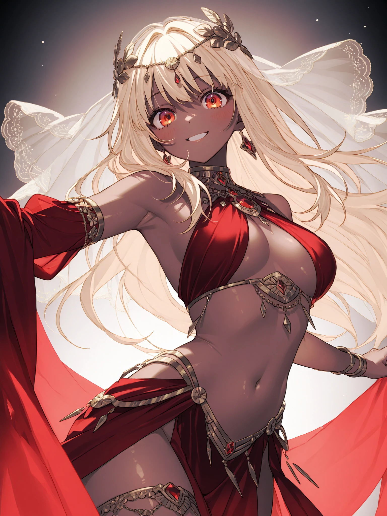 One person、the most beautiful woman in the world、beautiful、cute、beautiful、smiling、wave long、light blonde、dancing、masterpiece、top quality、Beautiful woman、Brown skin、big eyes、Ruby-like eyes、Dancer、red and orange gradient costume、translucent veil on head