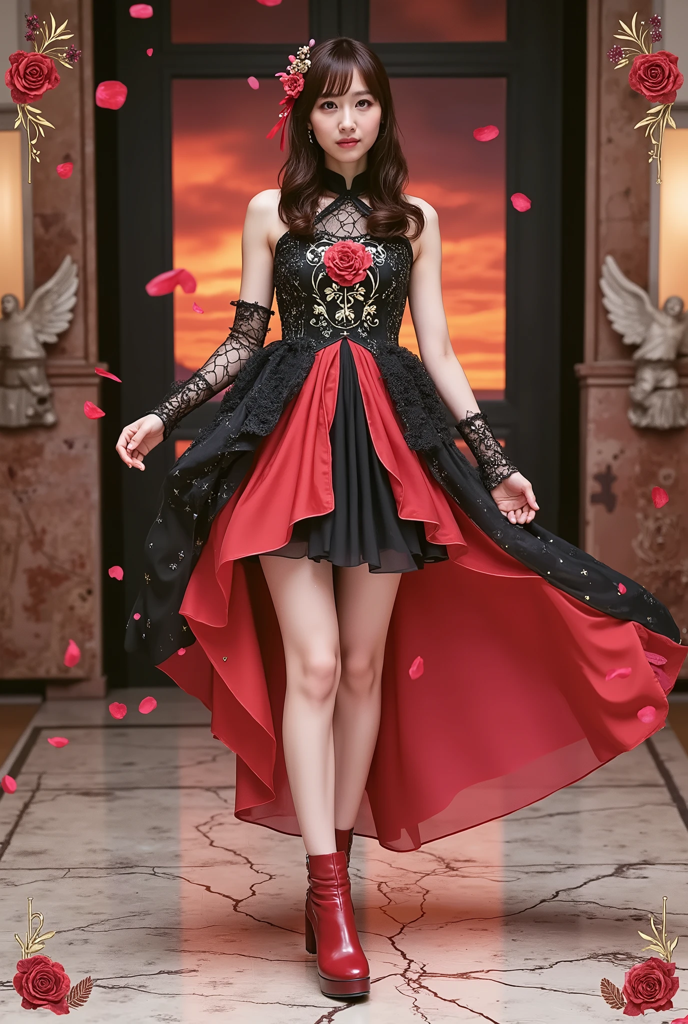 A hyper-realistic portrait of a stunningly beautiful Japanese idol girl with a slender figure and semi-long wavy black hair with crimson highlights, styled in a half-up hairdo adorned with a burning-feather shaped pin and a crimson rose hairpiece. She wears a two-toned crimson and jet-black costume that shimmers like blood under the light. Her halter-neck top is inspired by traditional Chinese collars and features golden embroidery of a blazing flame emblem on the chest. One sleeve is a long lace glove covering her arm, while the other is a short, flame-cut red fabric dancing in the wind. Her asymmetrical skirt is short in front and long in the back, flowing like fire with a red gradient on a black base, and its hem appears to be burning. One leg is wrapped in crimson ribbon up to the calf, while the other wears a black knee-high sock embroidered with glowing spark-like patterns. Her boots are red, high-heeled, and adorned with small fluttering flame-shaped wings on the heels. Her earrings and ear cuffs are shaped like delicate fire motifs, sparkling like embers. Her makeup includes red-to-orange gradient eyeshadow, a thin golden line on the lower eyelid, and glossy crimson lips. The background shows a scorched marble stage under a dramatic twilight sky of burning red and gold. Ashen rose petals drift down from the sky, while the floor is cracked and charred, with glowing red roses blooming from ancient seal patterns. Surrounding her are rusted iron arches, shattered stained glass, and crumbling angel statues, creating a mystical, tragic, and beautiful stage.