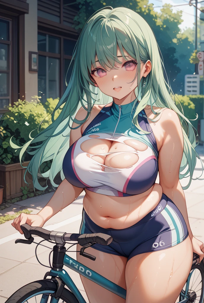 GREEN HAIR, SWEPT BANGS, LONG HAIR, YELLOW EYES, , large breasts, solo, nsfw, nipple, ride a bicycle 山