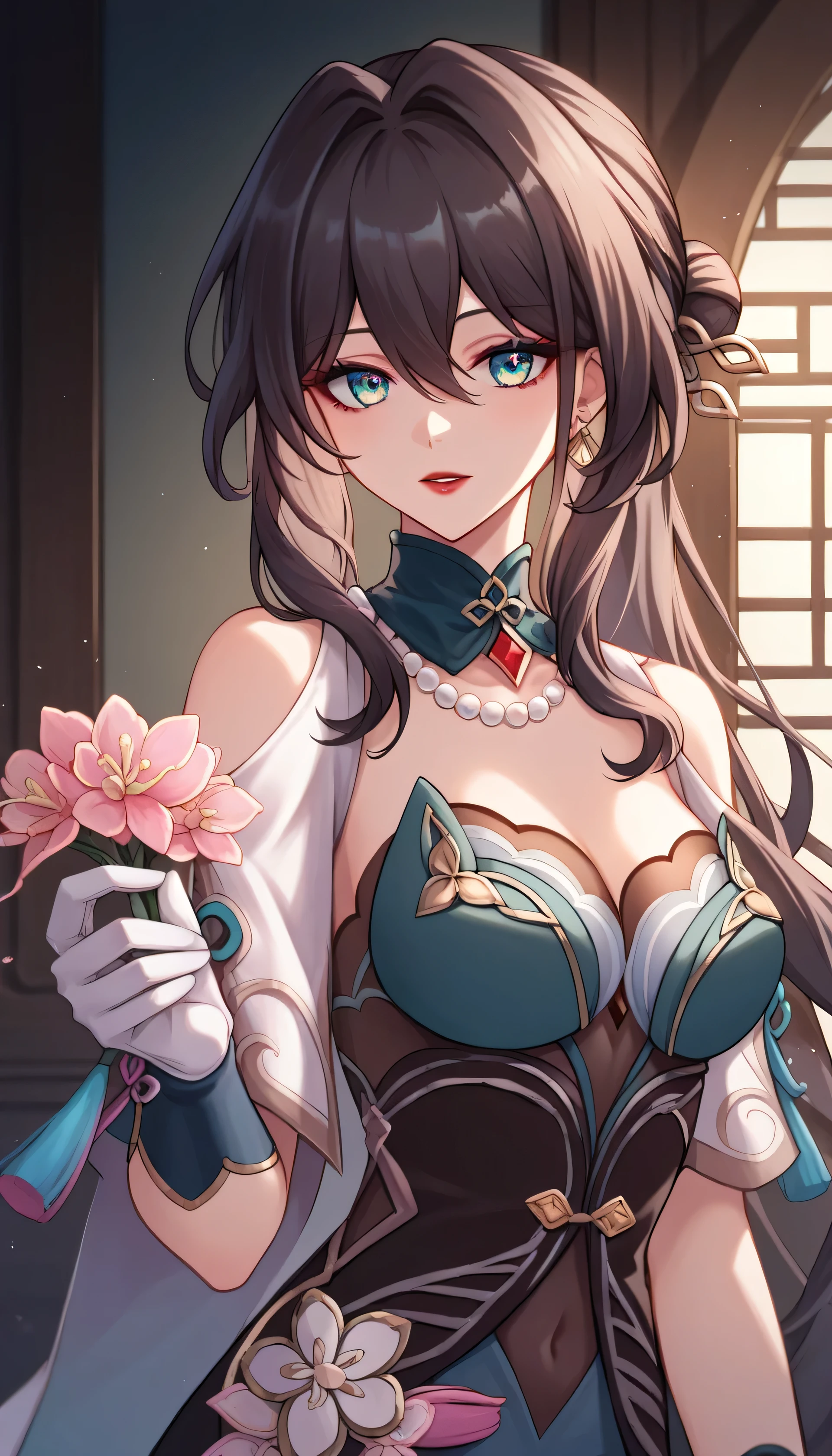 A vintage-inspired tea-length dress, elegant lace detailing, sheer puffy sleeves, cinched waist, delicate floral pattern, white gloves, holding a flower, soft pastel colors, natural lighting, romantic atmosphere, detailed folds and textures, ornate jewelry, high-quality digital painting, award-winning illustration, 4k, masterpiece, ruan mei, black hair, aqua eyes, long hair, hair bun, single hair bun, sidelocks, streaked hair, hair between eyes,, mature female, makeup, lipstick, red lipstick