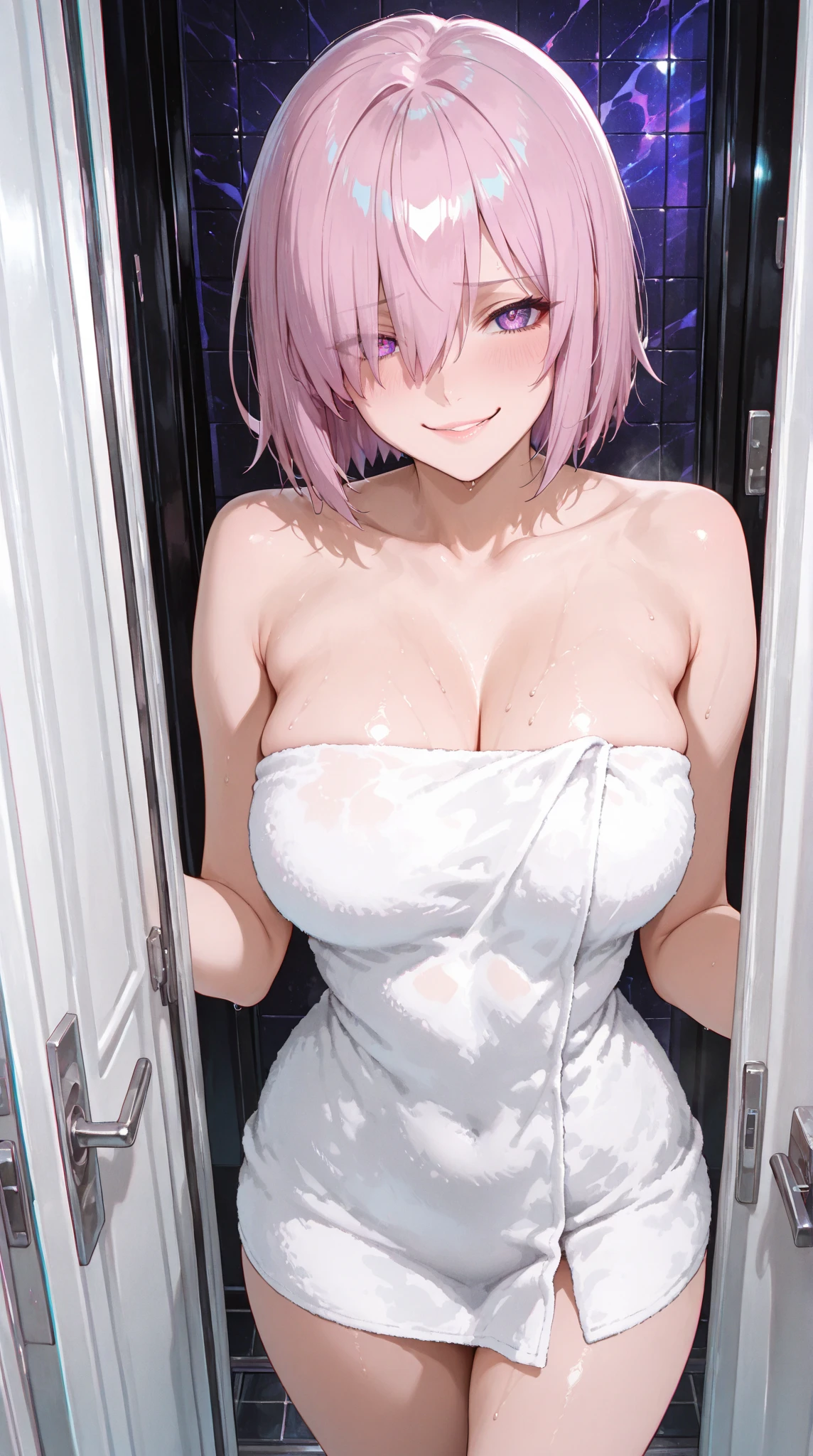 1girl, nsfw, mash kyrielight, short hair, light purple hair, purple eyes, hair over one eye,, , empty eyes, large breasts, nipple, Walking, Hospital, frozen, wet, crying, Naked, (1girl) Blank look, Peeing, lactation, projectile lactation