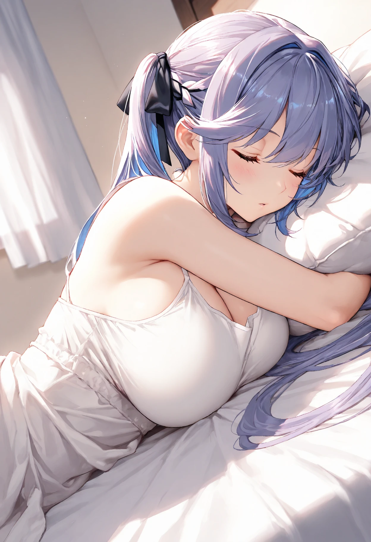 high quality、High resolution、High resolution、Inside a love hotel、One Woman（Women having sex）、Ecstasy face、Tree Eyes（1.9）、The corners of the eyes are raised、Light purple hair（Bangs that extend to one eye、Medium Hair、Straight Hair、Side hair in a ponytail、ponytail）、An angle focusing on the buttocks seen from directly behind、Sleeveless off-shoulder nurse uniform、Blue tight skirt、Droplet Earrings、Blue heart-shaped earrings、Are fat（1.6）、Glowing Skin（1.9）、Wet（1.9）、trembling（Only  and ass），Climax（0.6）、Blue eyes、Saggy breasts（1.9），Big Breasts（1.9）、Long chest（1.9）、Her breasts are bouncing up and down　　（Black man）、（Big penis）、（The man is on top of the woman and is doing the breeding press）