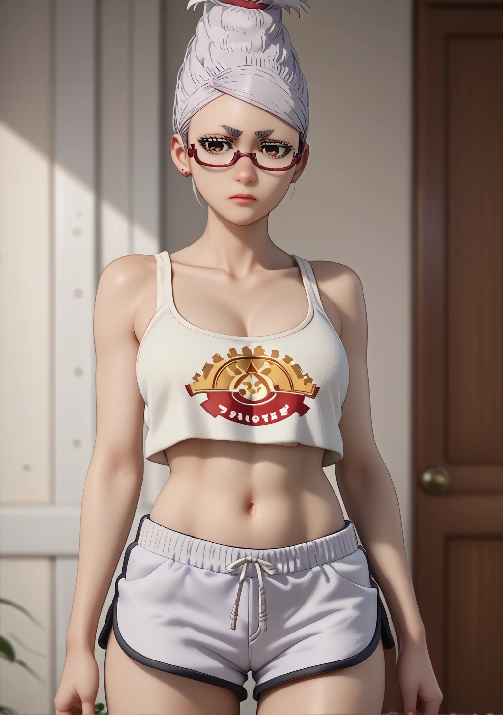 her deep belly button is exposed without any piercing, very short french-style haircut elderly nerd karate woman in a very skimpy midriff-shirt and very low-rise pants posing for a karate stance, slender figure, realistic karateka body, brazenly unglued, one-button pinned midriff-shirt, very unbuttoned, full body close-up shot, 3 d render of a full black belt karate female, smooth 3d cg render