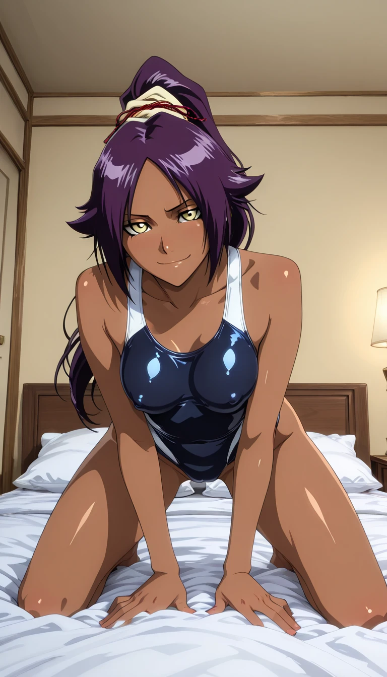 (Masterpiece of Art, best quality specialist), 1 girl , Yoruichi, Dazzling, , indoors,white Bikini , white panties, white top, showing feet , 5 Fingers, naked feet , Close to viewer , smile, another, another,