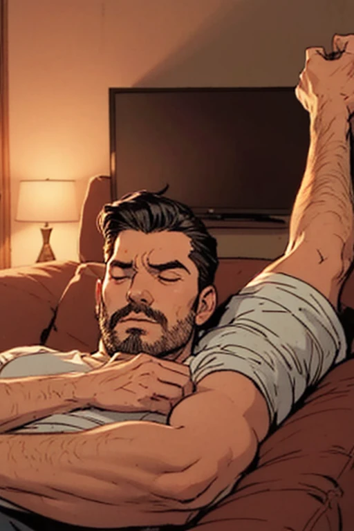 A photorealistic portrait of a shirtless, naked Hugh Jackman showing his armpits, lying down, a Renaissance film still in the style of Zack Snyder, winner of the tumblr contest, hurufiyya, Renaissance painting, candles in the background, candlelight, cinematic lighting. photography, detailed symmetrical realistic face, extremely detailed natural texture, peach fuzz, long hair, masterpiece, absurdists, nikon d850 film stock photography, kodak portra 400 camera f1.6 lens, extremely detailed, amazing, fine details, hyper realistic texture, dramatic lighting, unrealengine, trend in artstation, cinestill 800 tungsten, looking at the viewer, realistic photo, RAW photo, TanvirTamim, high quality,  Highres, sharp focus, extremely detailed, cinematic lighting, 8K UHD, -imagine-
