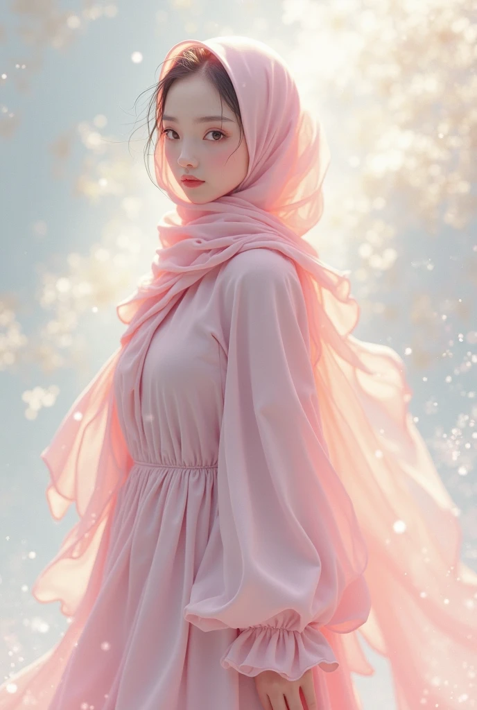 Realistic, masterpiece, detailed skin, beauty face,colorfull hijab, transparent cloth, small breast, naked, no panty, magical