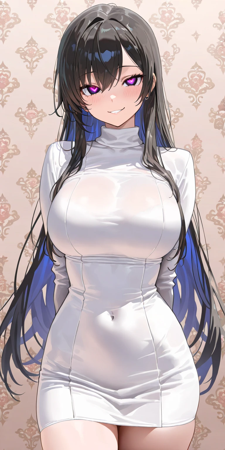 ((masterpiece)), ((best quality)), ray tracing, ultra detailed, high resolution, 8k, UHD, wallpaper, elaborate features, extremely detailed, extremely detailed, extremely detailed face, extreamly detailed eyes, perfect hands, (((beautiful))), (vibrant colors), cowboy shot, 1girl, (mature woman), (long straight purple hair), (red eyes), large beautiful eyes, detailed shimmering eyes, strong eyeliner and eyelashes, smile, (white sweater), scathach, ((scathachSweater)), (huge breasts), curvy, wide hips, dynamic pose, standing, arms to the side, detailed scenery, living room, dynamic angle, lora:more_details:-1, lora:more_details:1.5