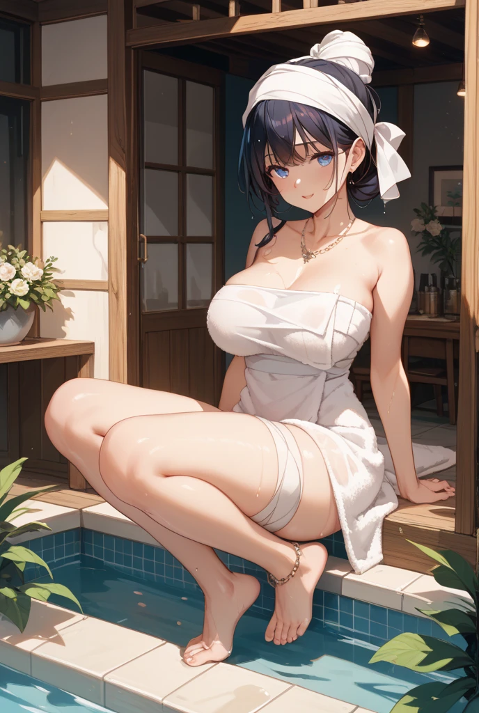 ((Highest quality)), ((masterpiece)), (Familiar), Illustration Style,Perfect Face,1 Girl,Black Hair,Short Hair,Glowing Skin,big, Bright Blue Eyes,Beautiful Bangs,Small breasts,Super Beauty,woman,16 years old,White swimsuit,Beautiful clothes,