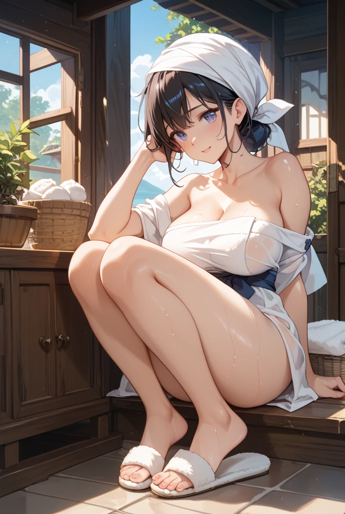 (masterpiece), (top-quality), (exposed shoulders:1.5), (towel fabric:1.5), (blushed face:1.3), (barechested:1.3), girl, precise small hands, Embarrassed look,Charming smile, extremely cute girl, Clear eyes, Shining eyes, shoulder is visible, big breasts,big thighs, thigh is visible, No pubic hair, The beautiful skin, ultra-definition, Top resolution,Kurumi, black hair,long hair, yellow eye on the left: 1.2, red eye on the right: 1.2,Heterochromia,sitting,leg shape,raise 2 knees ,bed