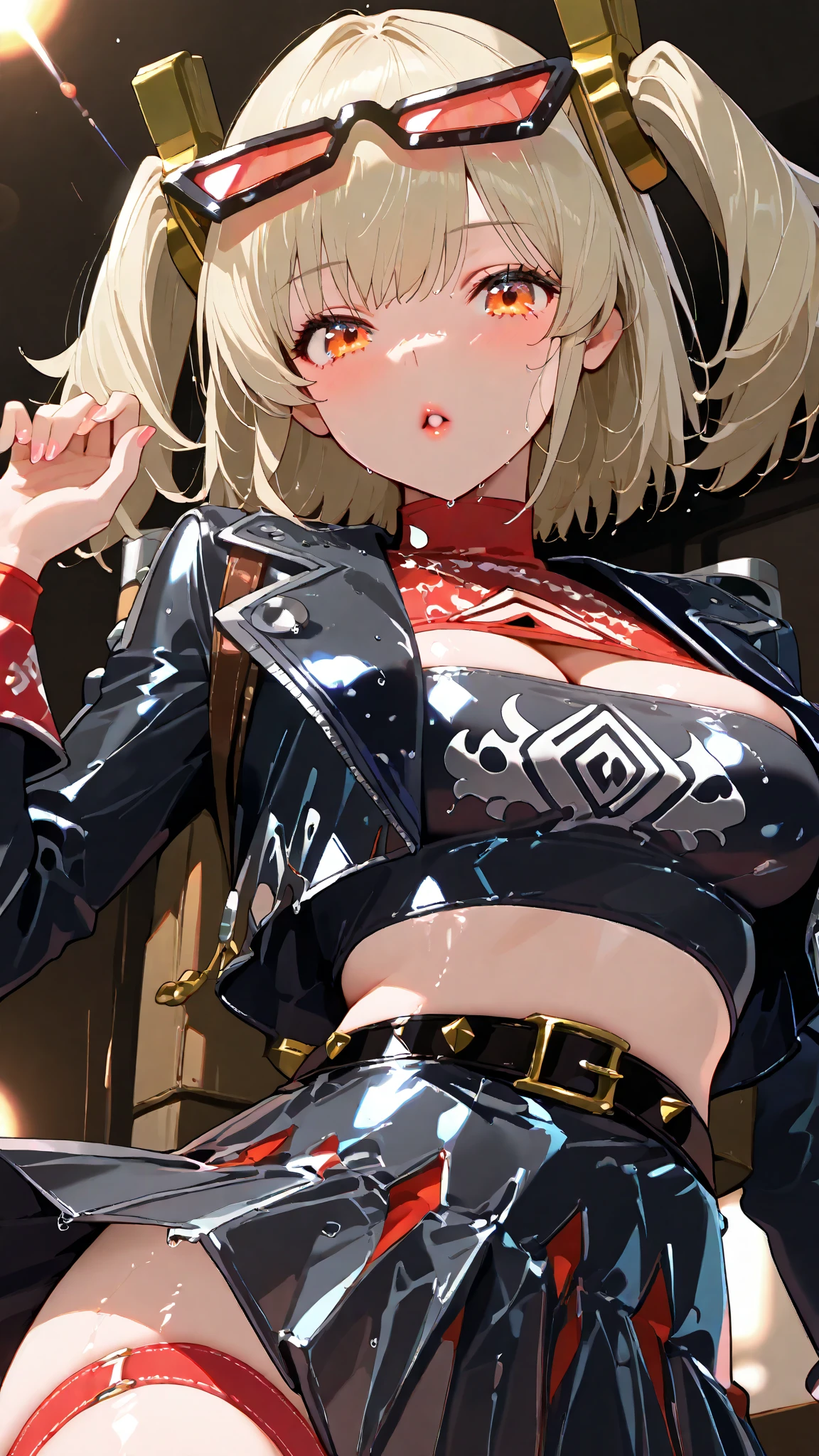 Realistic, Hyper Detail, Girls Only, one side short layered bob, Dynamic Lighting), (Glossy skin: 1.5), Masterpiece, Top Quality, Absurdity, Watching Viewer, ((Blonde:0,7) and (light purple inner color:0.3) Hair), deep Purple Clear Eyes,((Beautiful, detailed eyes, jewel-like eyes, sparkling eyes:1.3)), Slender, High Resolution, Sharp Focus, Depth of Field, Detail Eyes, Sharp Eyes, (Realistic Eyes)),(beige bra with crotch open sexy shorts): 1.5),(Factories, pipes, smoke:1.3) BREAK (sparks, chimneys, electric lights, rusty walls:1.3),(outdoor),(a large oil refinery with a lot of tanks and pipes:1.3),(factory view at night),